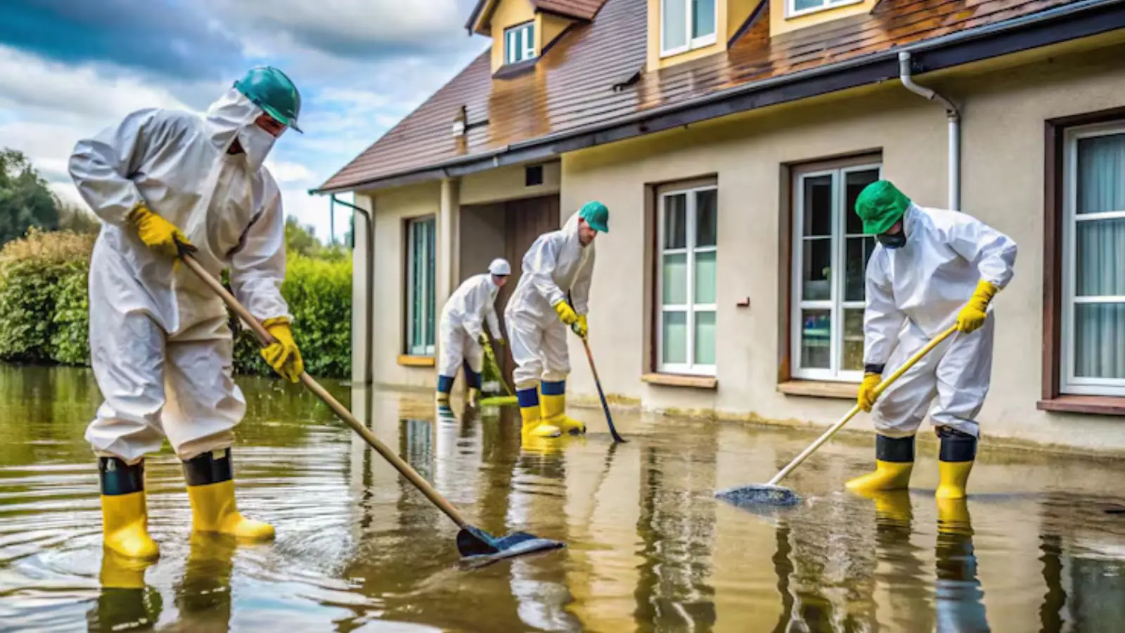 Crew in white protective suits and yellow boots mopping floodwater outside a house