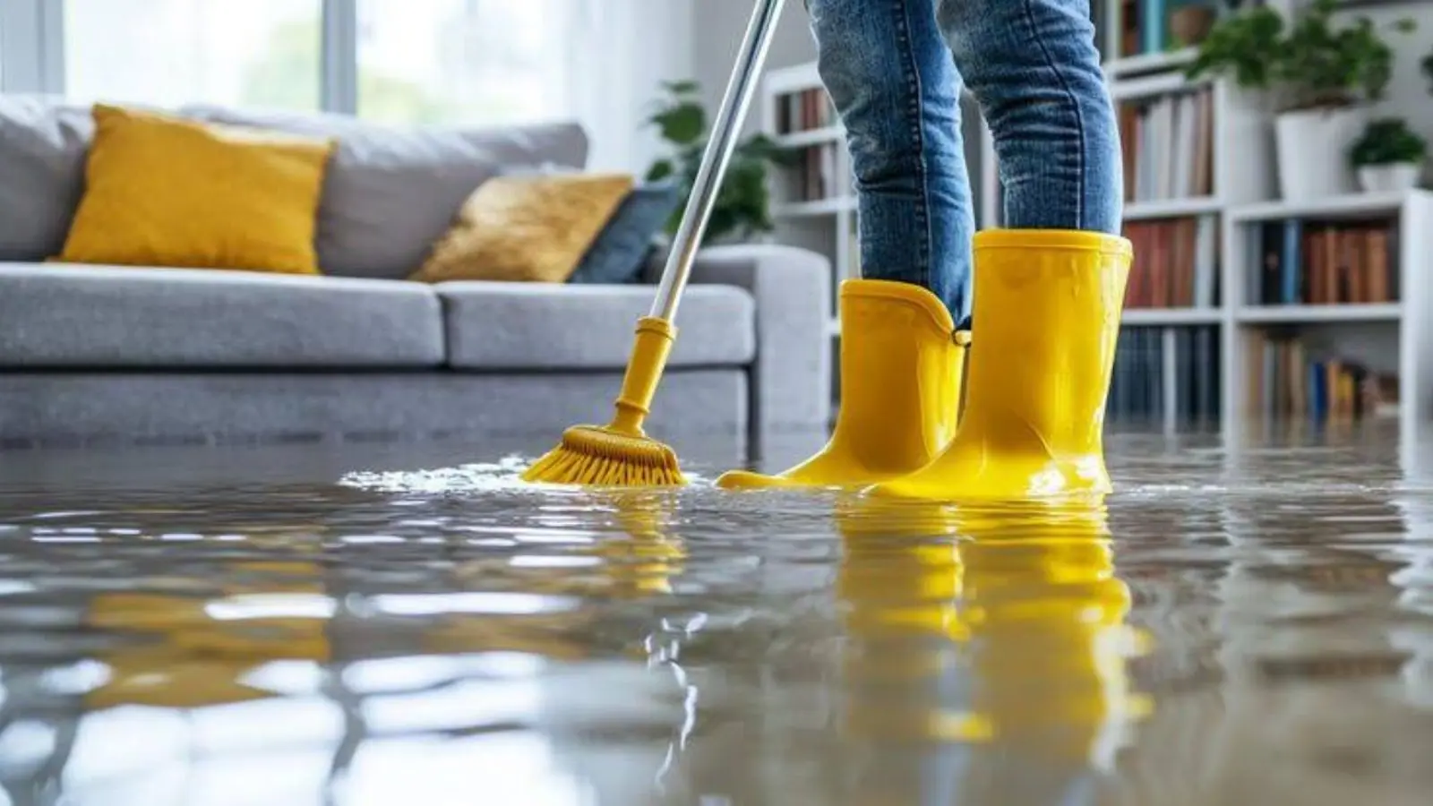 Person in yellow rubber boots mopping floodwater on a living room floor