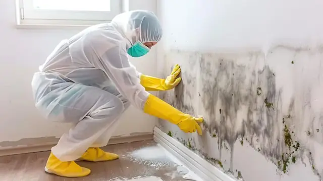 Technician in a protective suit, mask and gloves cleaning mold from a wall at the baseboard