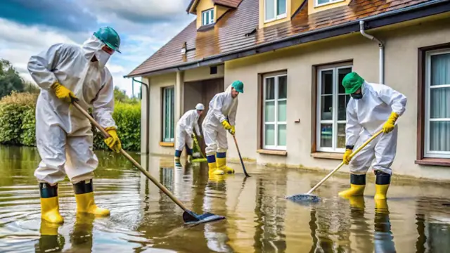 Crew in white protective suits and yellow boots mopping floodwater outside a house