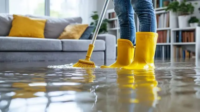 Person in yellow rubber boots mopping floodwater on a living room floor