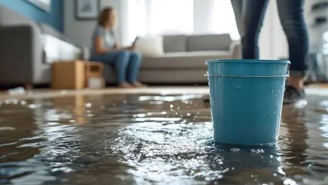 Blue bucket on a flooded living room floor with a person seated in the background