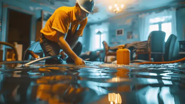 Technician in an orange shirt and hard hat working on a wet living room floor with a hose