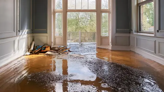 Water pooled on a hardwood floor in a room with tall windows and scattered debris