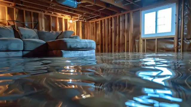 Standing water covering the floor of a basement with exposed wall framing and a sofa